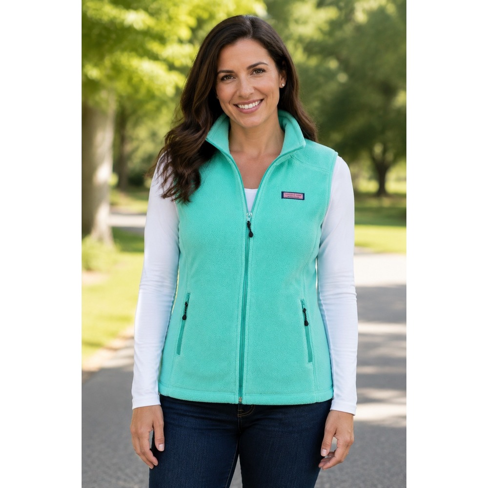Vineyard Vines Womens Fleece Full Zip Vest Mint Green Mock Neck Size M